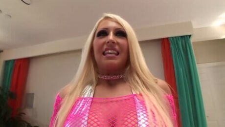 Fishnet slut Candy Manson gets cum on her tongue after doggy style sex