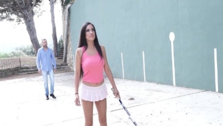 Spanish milf in short tennis skirt gives a blowjob and gets laid on the court
