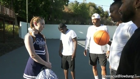 Black basketball team fucks deep throat of white cheerleader Arietta Adams