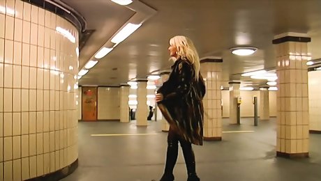 Naughty blonde German slut posing and fucking in public