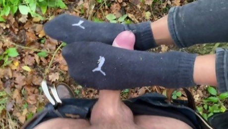 DIRTY Surprise SOCKJOB while Hiking. Naughty Teen  - Puma Socks (outdoors, in public)