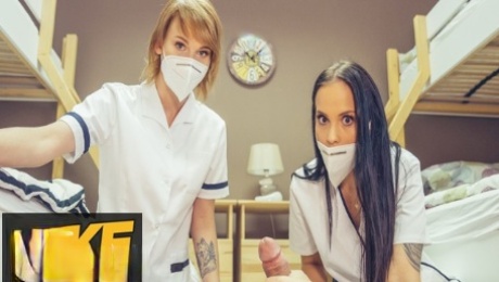 Fake Hostel Threesome with Redhead and Latina Nurses
